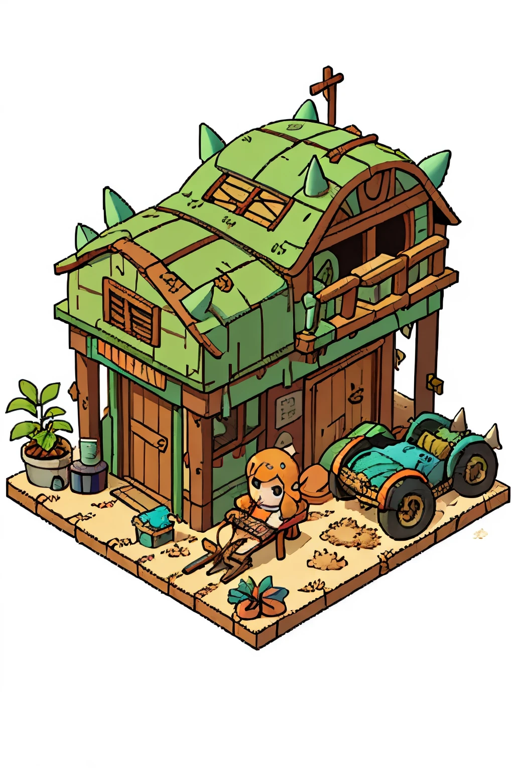 pixel,the girl writes,wanderer in robes, in the cabin of the plane,Small wooden table,sitting on a wooden chair, ruined area, (destroyed house), (spikes, tires,barbed wire,Masked wanderer, Reading,potted plant,spear sticks behind your back,((apocalypse style garage,buggy)),sand,White background,