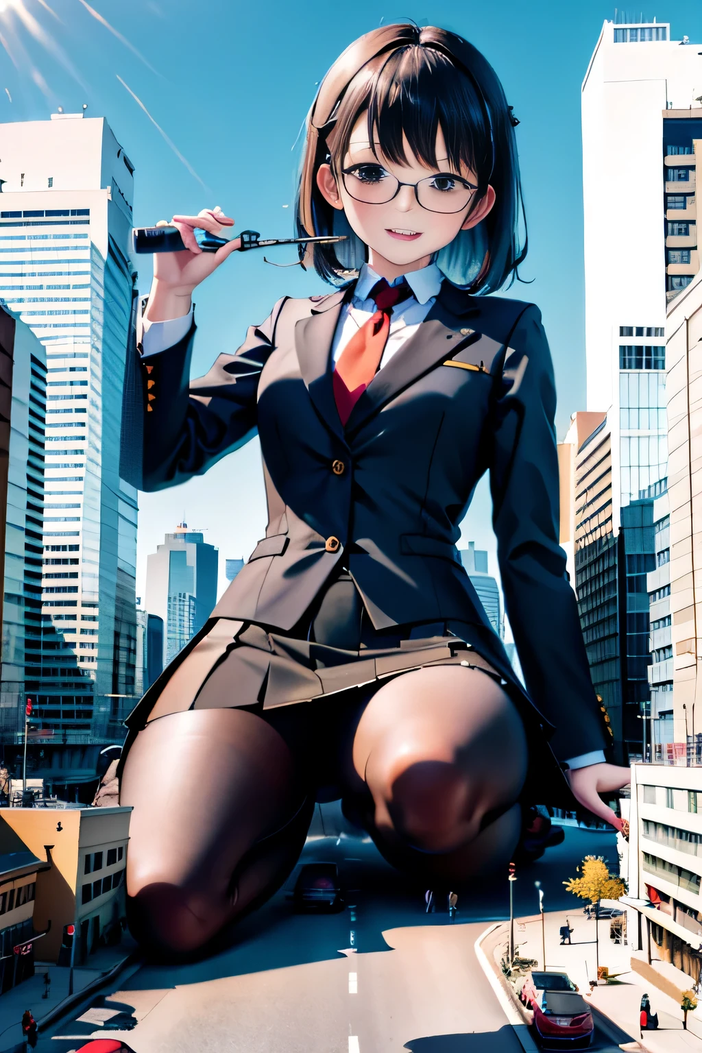 Giant娘 art, surreal high school girl, 非常に詳細なGiantショット, Giant, short hair, a huge high school girl、&#39;It&#39;s much bigger than a skyscraper, wearing rimless glasses, huge tit, big ass, navy blue blazer, red tie, mini length skirt, black pantyhose, I don't wear shoes., miniature metropolis, I&#39;I am playing with capturing very small aircraft carriers and battleships.., ＧＴＳ, giga Giant娘, Giant娘, crashed airship, small airship, ultra small flying boat,