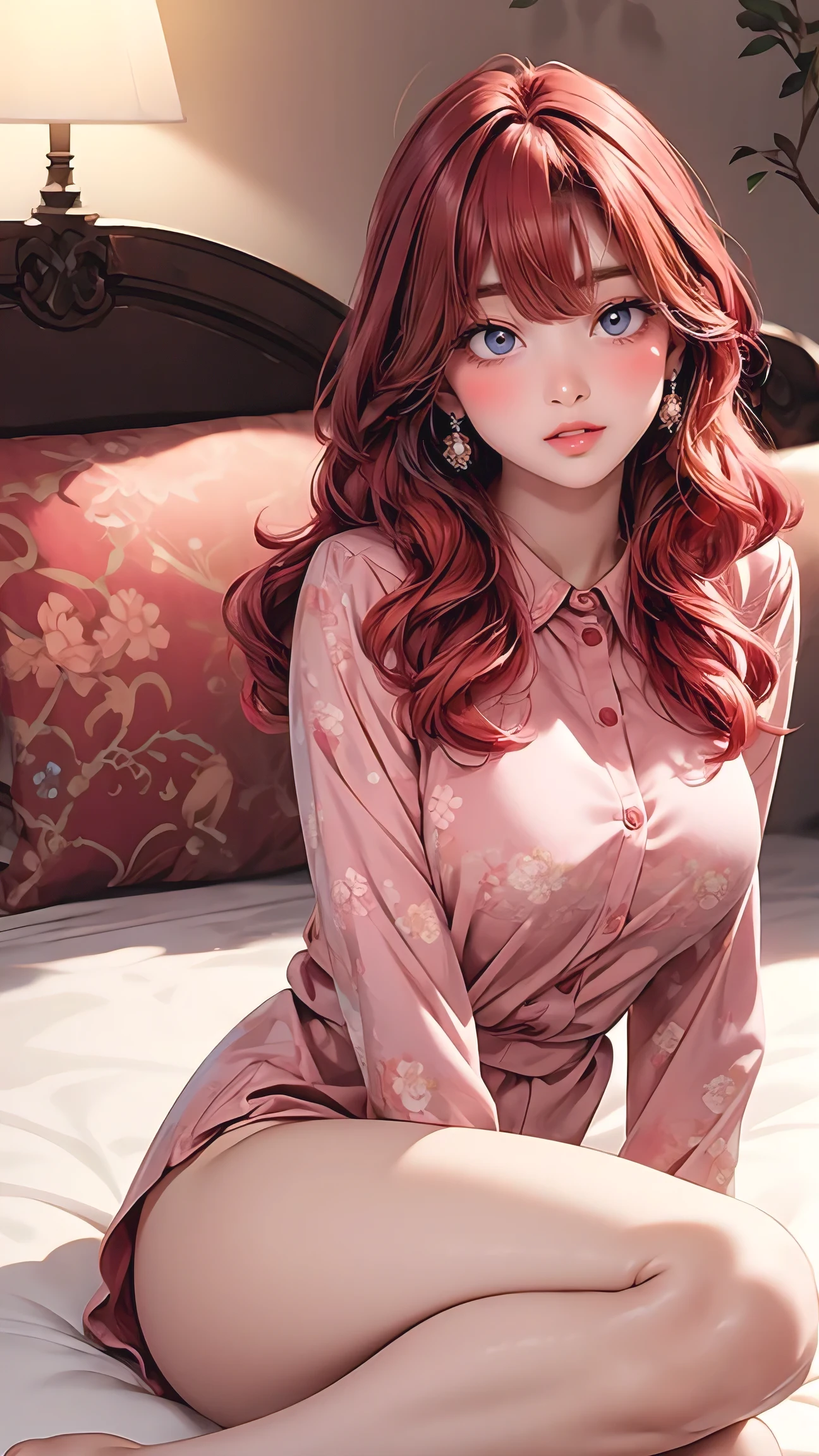 masterpiece, best quality, solo, woman, perfect slim fit body, thick thighs, large breasts, sitting pose, on bed, pink floral pajamas, wavy red hair, attractive feature, elaborate details, chic, ambient light