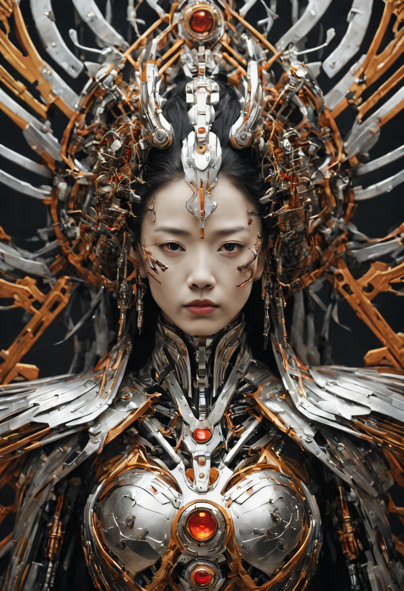 Futuristic native futurism, Actress Zhao Lusi plays the high-level cybernetic cyborg, big breasts, the Japanese goddess of war, sensuality, Artistic details, Cyberpunk Chinese mythology, Epic science fiction fantasy, Centered, In the style of Nick Alm's fantasy futuristic fantasy works, Dark prism, Dark, Metal composition, symmetrical arrangements, Iridescent metallic , distinctive noses, Ethereal, Blood splattered multicolored, eye-catching metallic compositions, Symmetrical geometry, distinctive noses, gothic references, With bold lines and black stripes, White, Red, Gold and silver, Fantasy science fiction art, a detailed painting, ,Alex Alemanni merges with Carol Barker