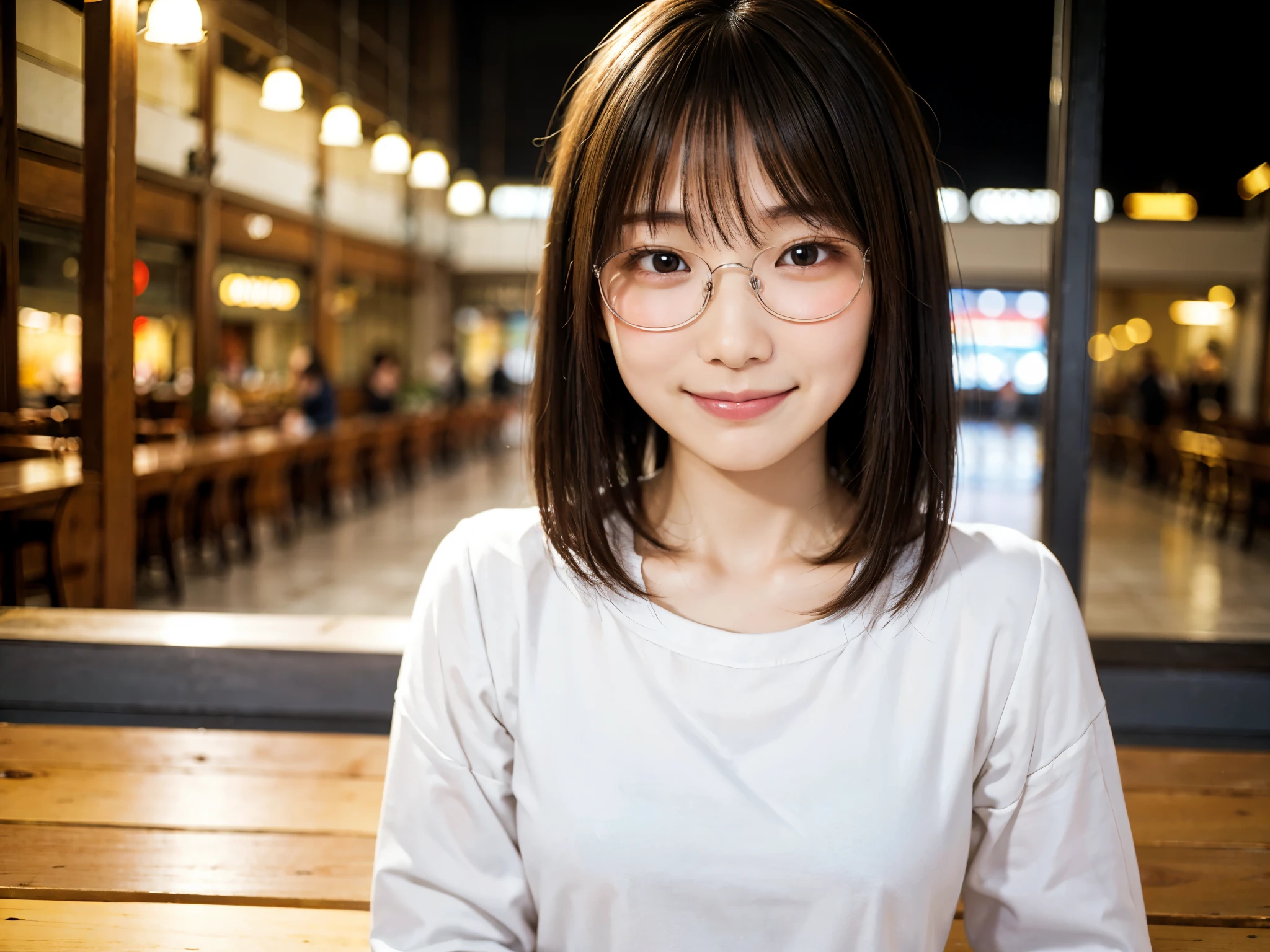 Japanisches Mädchen in legerer Kleidung im Einkaufszentrum, den Betrachter anschauen, posing with a lächeln (höchste Qualität, Meisterwerk))), Hohe Auflösung, Sehr detailiert, Meisterwerk, filmische Beleuchtung, (8K, höchste Qualität, Meisterwerk: 1.2), (realistisch, photorealistisch: 1.37) Hohe Auflösung, Super detailliert, 1 Mädchen, Frau mit Brille, Runde Brille mit dünnem Rahmen, Helle Brillengestelle, asiatisch, Niedlich, Niedlich face, allein, Kurzes Haar 1.2, raue Haut, beautiful lächeln, wunderschöner detaillierter Himmel, Details Café, Nacht, Filmbeleuchtung, Tiefe der geschriebenen Grenzen, Linsenreflexlicht, Sitzung, Auf einem Date, (erröten), (lächeln: 1.15), kleine Brüste (halt den Mund), Schöne Augen in jedem Detail, (Kurzes Haar: 1.2), schwebendes Haar im Nova-Frosch-Stil,