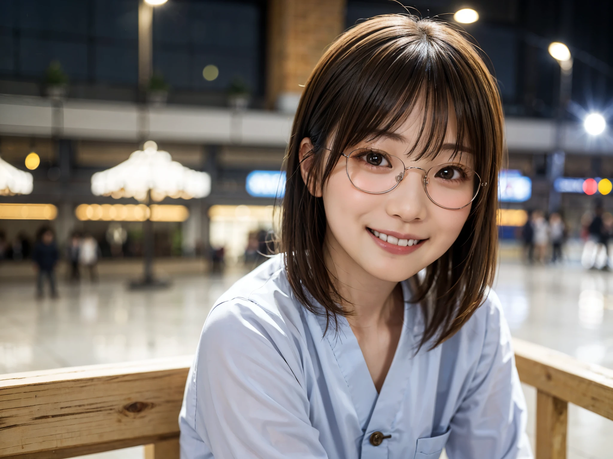 Japanisches Mädchen in legerer Kleidung im Einkaufszentrum, den Betrachter anschauen, posing with a lächeln (höchste Qualität, Meisterwerk))), Hohe Auflösung, Sehr detailiert, Meisterwerk, filmische Beleuchtung, (8K, höchste Qualität, Meisterwerk: 1.2), (realistisch, photorealistisch: 1.37) Hohe Auflösung, Super detailliert, 1 Mädchen, Frau mit Brille, Runde Brille mit dünnem Rahmen, Helle Brillengestelle, asiatisch, Niedlich, Niedlich face, allein, Kurzes Haar 1.2, raue Haut, beautiful lächeln, wunderschöner detaillierter Himmel, Details Café, Nacht, Filmbeleuchtung, Tiefe der geschriebenen Grenzen, Linsenreflexlicht, Sitzung, Auf einem Date, (erröten), (lächeln: 1.15), kleine Brüste (halt den Mund), Schöne Augen in jedem Detail, (Kurzes Haar: 1.2), schwebendes Haar im Nova-Frosch-Stil,