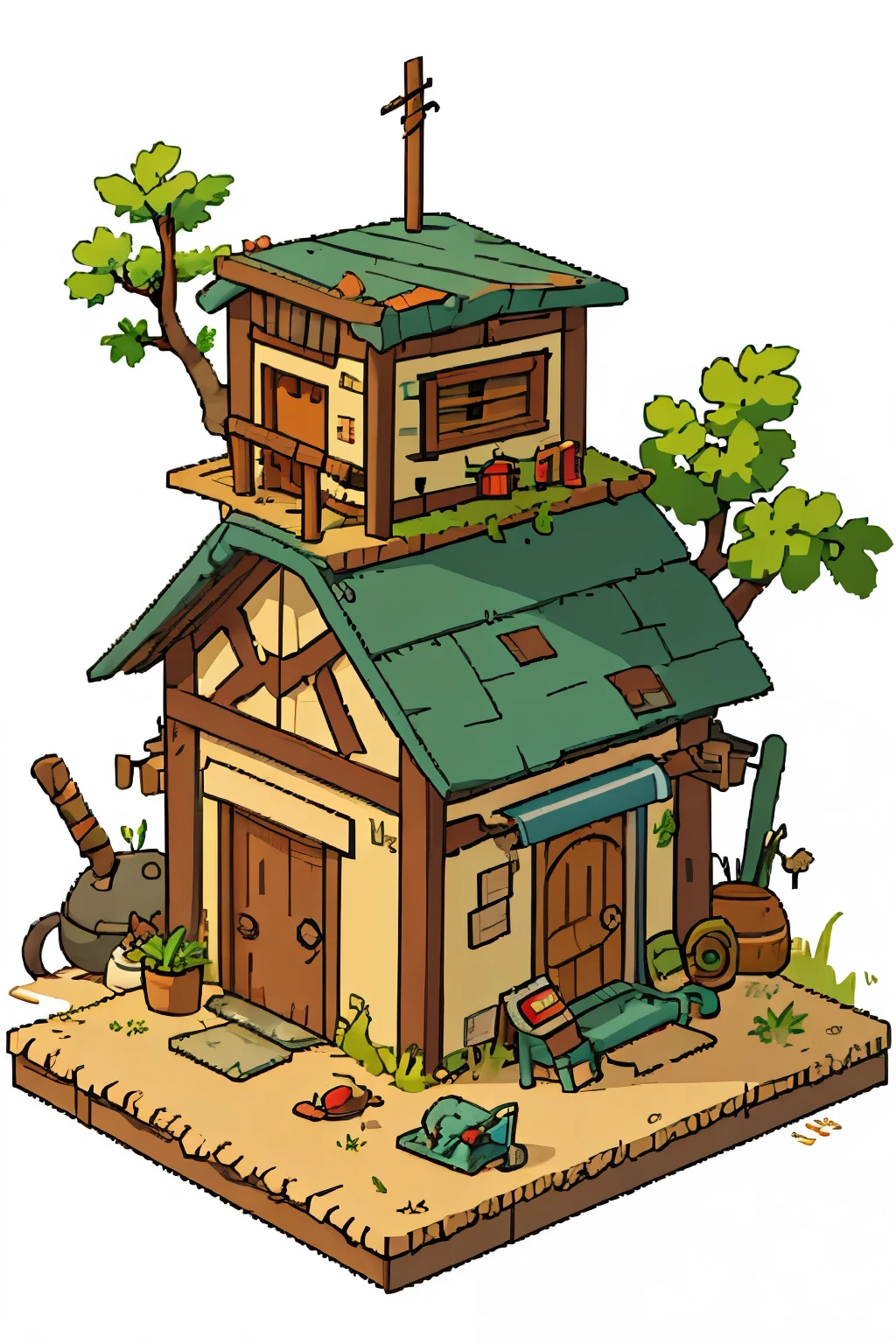 pixel,the girl writes,wanderer in robes, in the cabin of the plane,Small wooden table,sitting on a wooden chair, ruined area, (destroyed house), (spikes, tires,barbed wire,Masked wanderer, Reading,potted plant,spear sticks behind your back,((apocalypse style garage,buggy)),sand,White background,