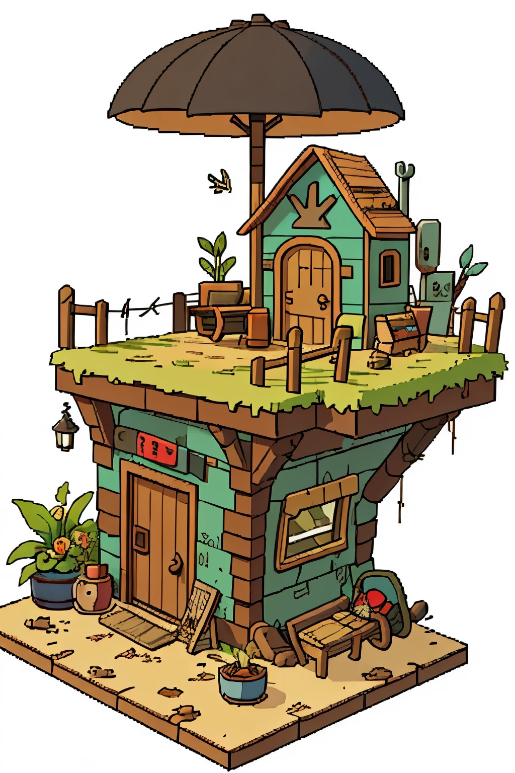 pixel,the girl writes,wanderer in robes, in the cabin of the plane,Small wooden table,sitting on a wooden chair, ruined area, (destroyed house), (spikes, tires,barbed wire,Masked wanderer, Reading,potted plant,spear sticks behind your back,((apocalypse style garage,buggy)),sand,White background,