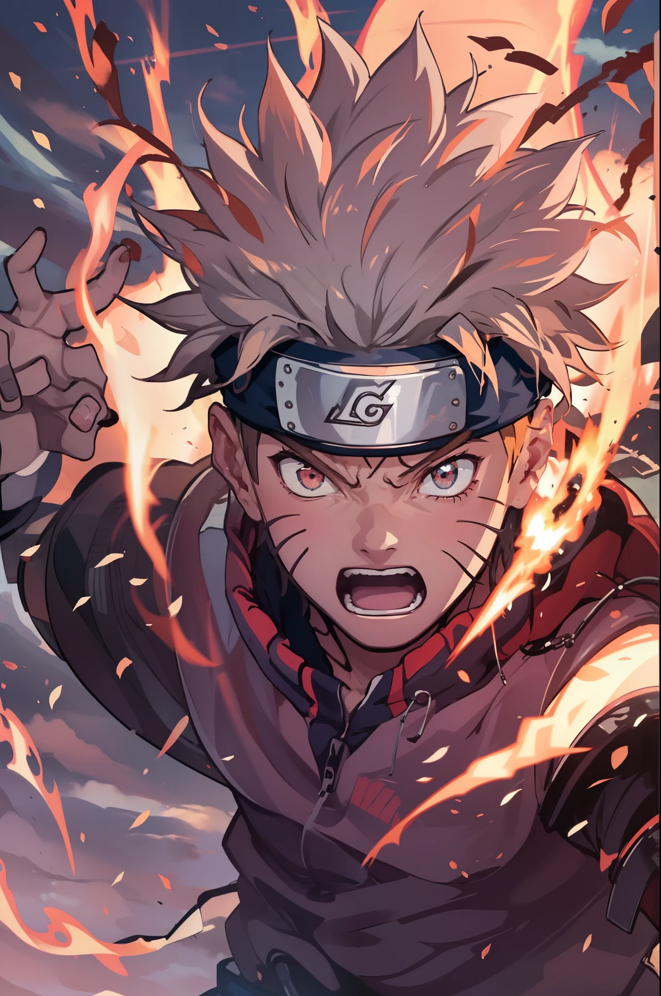 (best quality,4k,8k,highres,masterpiece:1.2),ultra-detailed,(realistic,photorealistic,photo-realistic:1.37),colorful,energetic,exciting,action-packed,heroic,Uzumaki Naruto,expressive and determined face,long spiky hair,fierce gaze,powerful aura,hand signs,flying kunai and shuriken,flashing lightning,surrounding smoke and debris,dynamic movements and fighting stances,dramatic lighting and shadows,dynamic perspective,bursting energy beams,clashing fire and water jutsus,flying leaves and sakura petals,ominous dark clouds and thunderbolts,hidden village emblem shining brightly on Naruto's forehead.