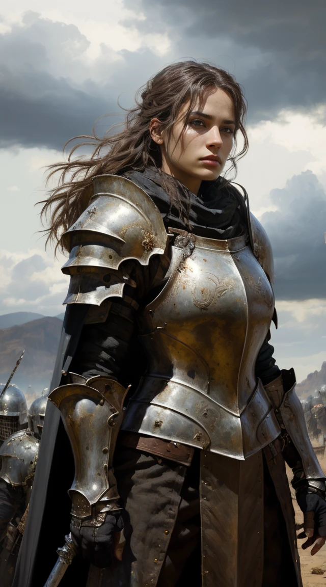 breathtaking oil painting, a warrior, woman knight, detailed armor with Gauntlet 1.4, detailed and elegant armor with Armor 1.1, intense battle scene, medieval setting, ancient battlefield, heavy steel sword, shining shield, brave and determined expression, flowing cape, war scars on the armor, fierce and heroic pose, sunlight breaking through the clouds, dramatic lighting, epic and dynamic composition, vibrant colors, realistic and photorealistic style. (best quality, 4k, highres, masterpiece:1.2), ultra-detailed, HDR, studio lighting, ultra-fine painting, sharp focus, physically-based rendering, extreme detail description, professional, portraits, epic fantasy.