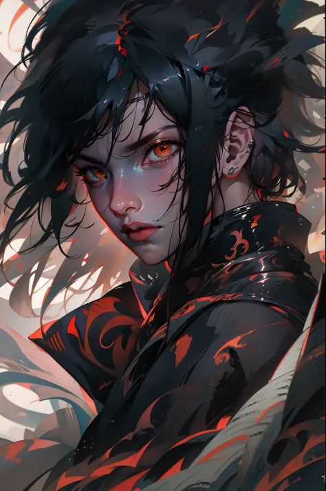 (best quality,highres,realistic:1.2),Uchiha Sasuke,masterpiece,anime,portrait,dark,vivid colors,sharingan,black hair,long and st...