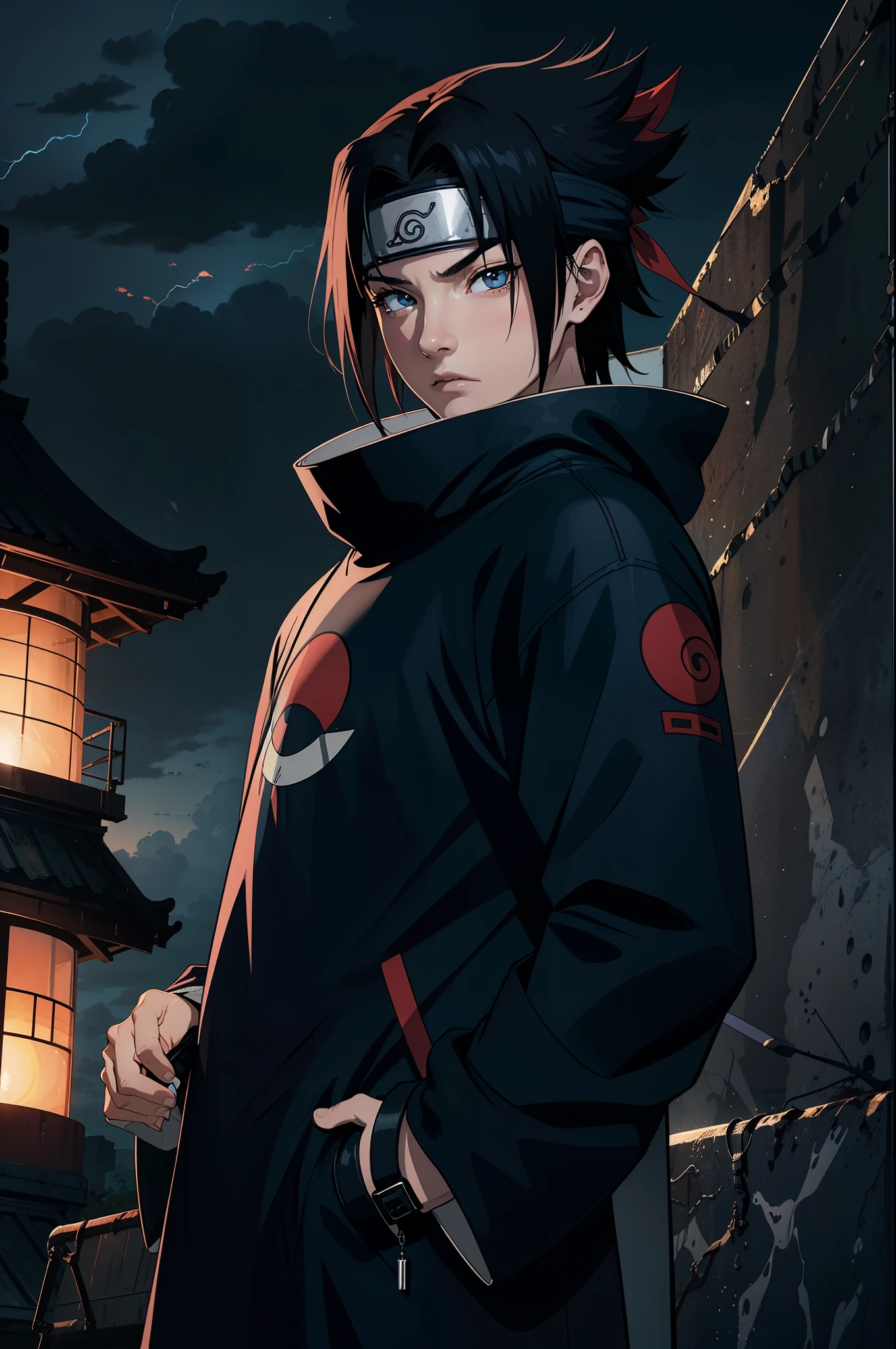 (best quality,highres,realistic:1.2),Uchiha Sasuke,masterpiece,anime,portrait,dark,vivid colors,sharingan,black hair,long and straight hair,expressive eyes,piercing gaze,serious expression,stoic,cool and calm,red and white Uchiha crest on the back,shoulder-length hair,black cloak with high collar and red clouds,traditional Japanese clothing,katana in hand,standing in a dramatic pose,amidst swirling black flames,background of thunderstorm and dark clouds,post-battle scene,strong lighting casting shadows,crackling lightning,haunting atmosphere,sharp focus,extreme detail description