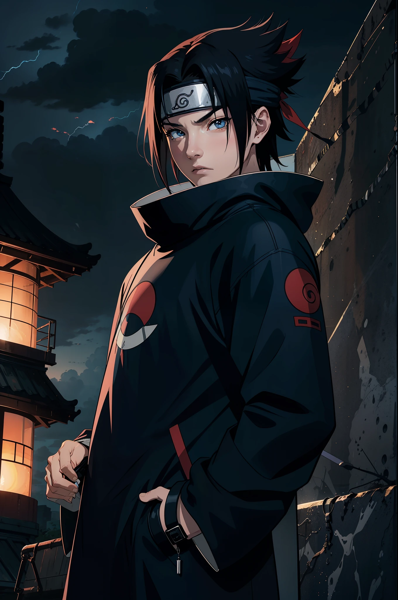 (beste Qualität,highres,Realistisch:1.2),Uchiha Sasuke,Meisterwerk,Anime-Serie,Porträt,dunkel,lebendige Farben,teilen,Schwarzes Haar,langes und glattes Haar,ausdrucksstarke Augen,durchdringender Blick,Ernster Ausdruck,stoisch,cool und ruhig,rot-weißes Uchiha-Wappen auf der Rückseite,schulterlanges Haar,schwarzer Umhang mit hohem Kragen und roten Wolken,traditionelle japanische Kleidung,Katana in der Hand,in einer dramatischen Pose stehen,inmitten wirbelnder schwarzer Flammen,background of thunderstorm and dunkel clouds,Szene nach der Schlacht,starke Beleuchtung wirft Schatten,knisternder Blitz,Eindringliche Atmosphäre,scharfer Fokus,äußerst detaillierte Beschreibung