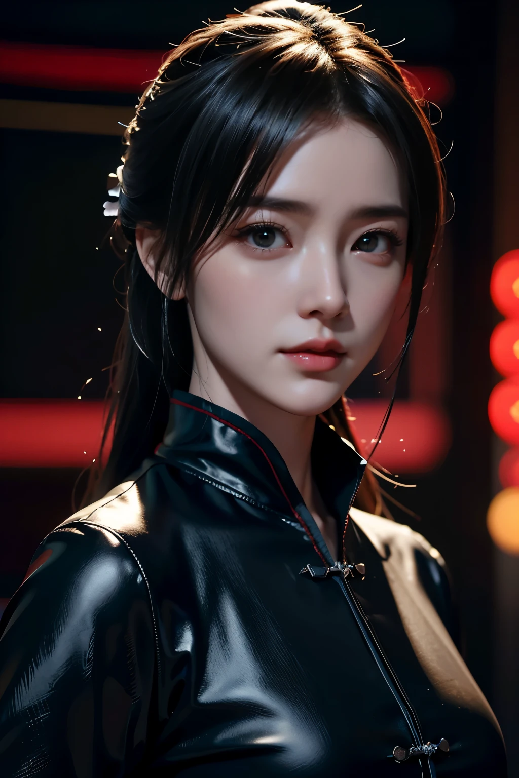 Masterpiece，The best qualities，Very high resolution，8K，((Portrait))，((Head close-up))，Original photo，real photo，数码摄影， (Female assassins in ancient China)，(Girl in tights)，15岁少女，(Facial features rich in detail)，Beautiful pupils，(Long black hair)，优雅高贵，(Calm)，勇敢的，(Black silk onesie，Black silk bodysuit，Black silk cloth)，Female assassins，Killer，中国古代人物，奇幻风格， 拍照姿势，夜晚的城市背景，Movie lights，Ray tracing，Game CG，((3D Unreal Engine))，oc渲染反射纹理