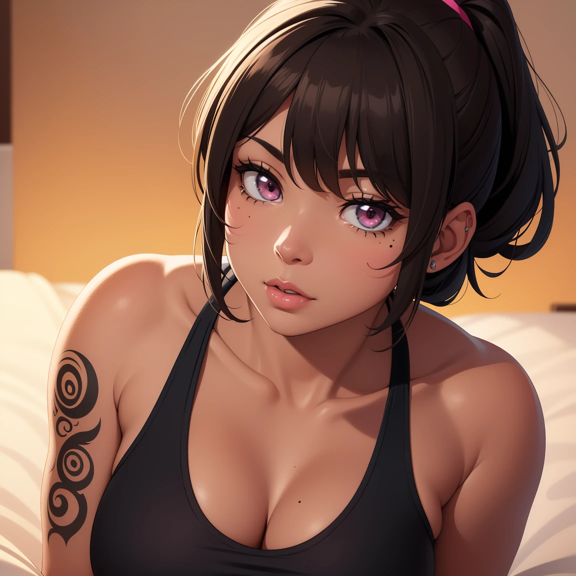 lifelike， high - resolution：1.3）， 1 Indian girl with a perfect body， Super  fine face and eyes，short hair , tank top with shorts, ,big boob ，36DD breast  size,Expose cleavage only - SeaArt AI