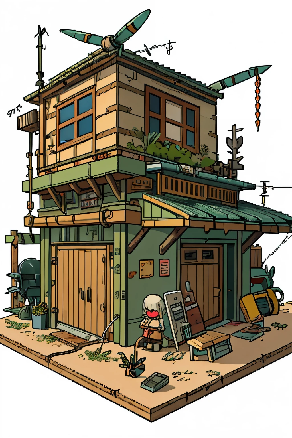 pixel,the girl writes,wanderer in robes, in the cabin of the plane,Small wooden table,sitting on a wooden chair, ruined area, (destroyed house), (sharp iron spikes, tires,barbed wire,Masked wanderer, Reading,potted plant,spear sticks behind your back,((apocalypse style garage,buggy)),sand,White background,(((big iron military , bridge, hangar, electric generator and wires))) 