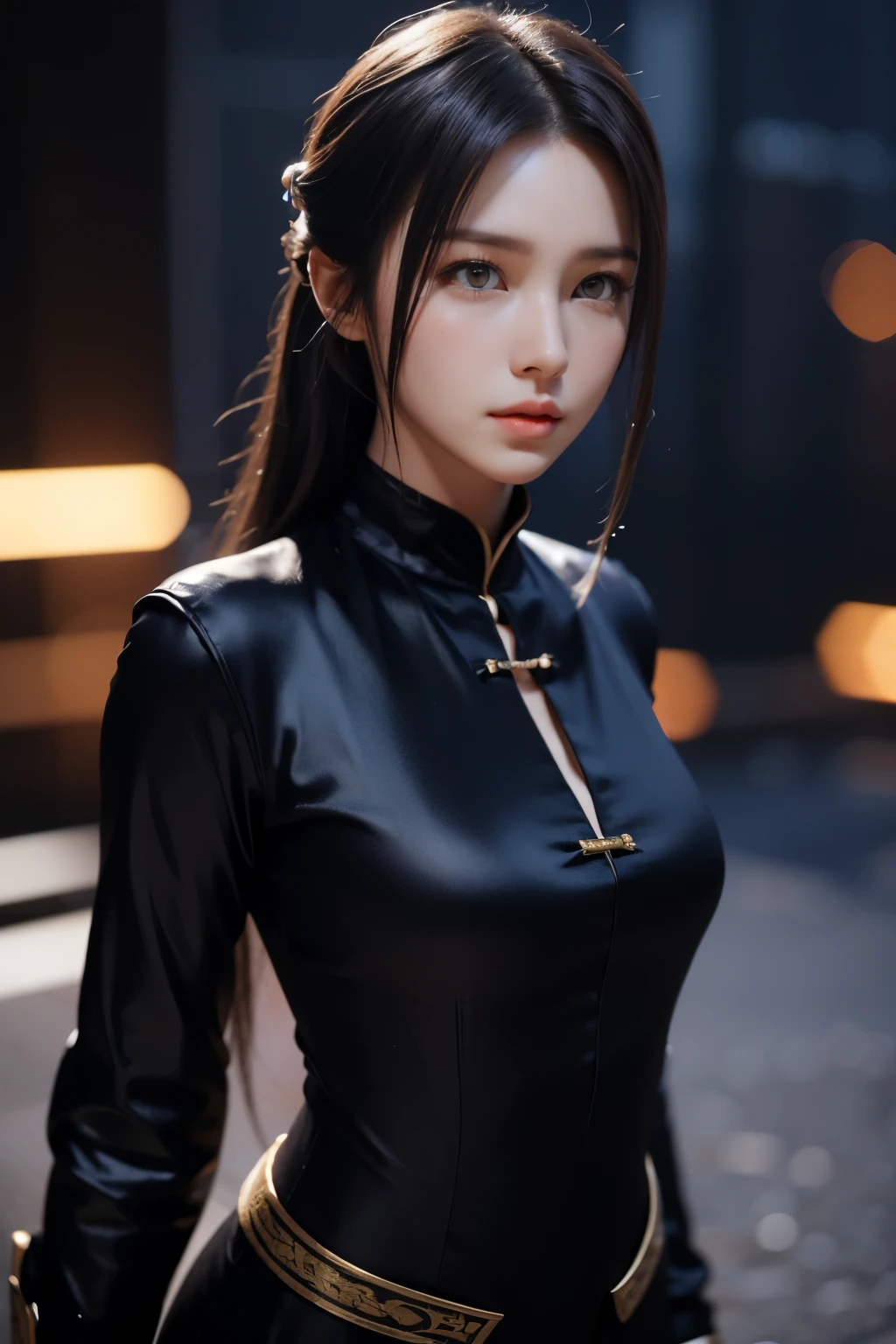 Masterpiece，The best qualities，Very high resolution，8K，((Portrait))，((Head close-up))，Original photo，real photo，digital photography， (Female assassins in ancient China)，(Girl in tights)，15 year old girl，(Facial features rich in detail)，Beautiful pupils，(Long black hair)，Elegant and noble，(Calm)，brave，(silk jumpsuit，light silk clothes，tight silk clothes，White)，photo poses，night city background，Movie lights，Ray tracing，Game CG，((3D Unreal Engine))，oc render reflection texture
