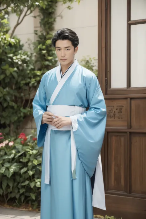 Chinese medicine，middle aged male，Light blue Hanfu，Hair coiled up，在Chinese medicine院里，Hanfu style