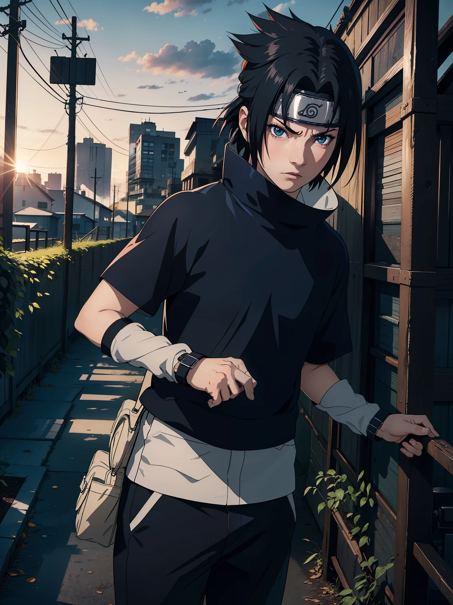 best quality,ultra-detailed,realistic:1.37,Sasuke Uchiha,black shirt,Sharingan eyes,determined expression,intense lighting,Japanese animation style,vivid colors,action scene,background: Hidden Leaf Village,ninja skills,Chidori lightning blade technique,artistic rendering.