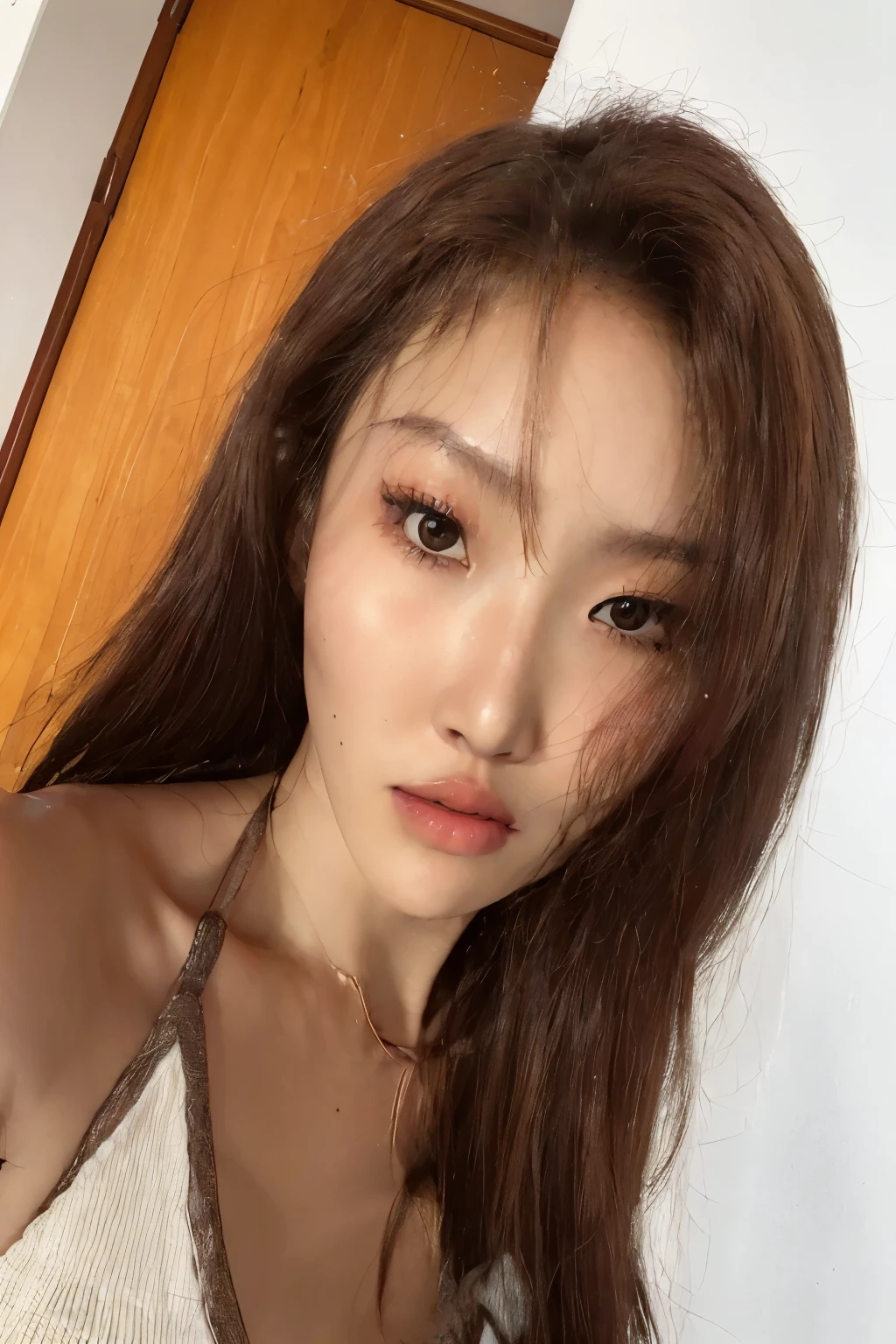 there is a woman with long hair posing for a picture, fotografia selfie 8k, Lalisa Manobal, Her skin is light brown, with very thin lips, young pale and beautiful asian face, rosto sexy, young lovely korean face, rosto sexy with full makeup, linda jovem coreana, Yoshitomo Nara, heonhwa choe