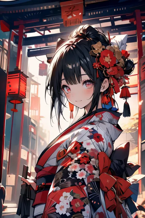 (muste piece), (best quality), very detailed, 1 girl, solo focus，perfect face, cute face, very detailedな顔，(black hair:1.3)，(red eyes:1.3)，Light，smile，New Year，(kimono:1.4)，shrine