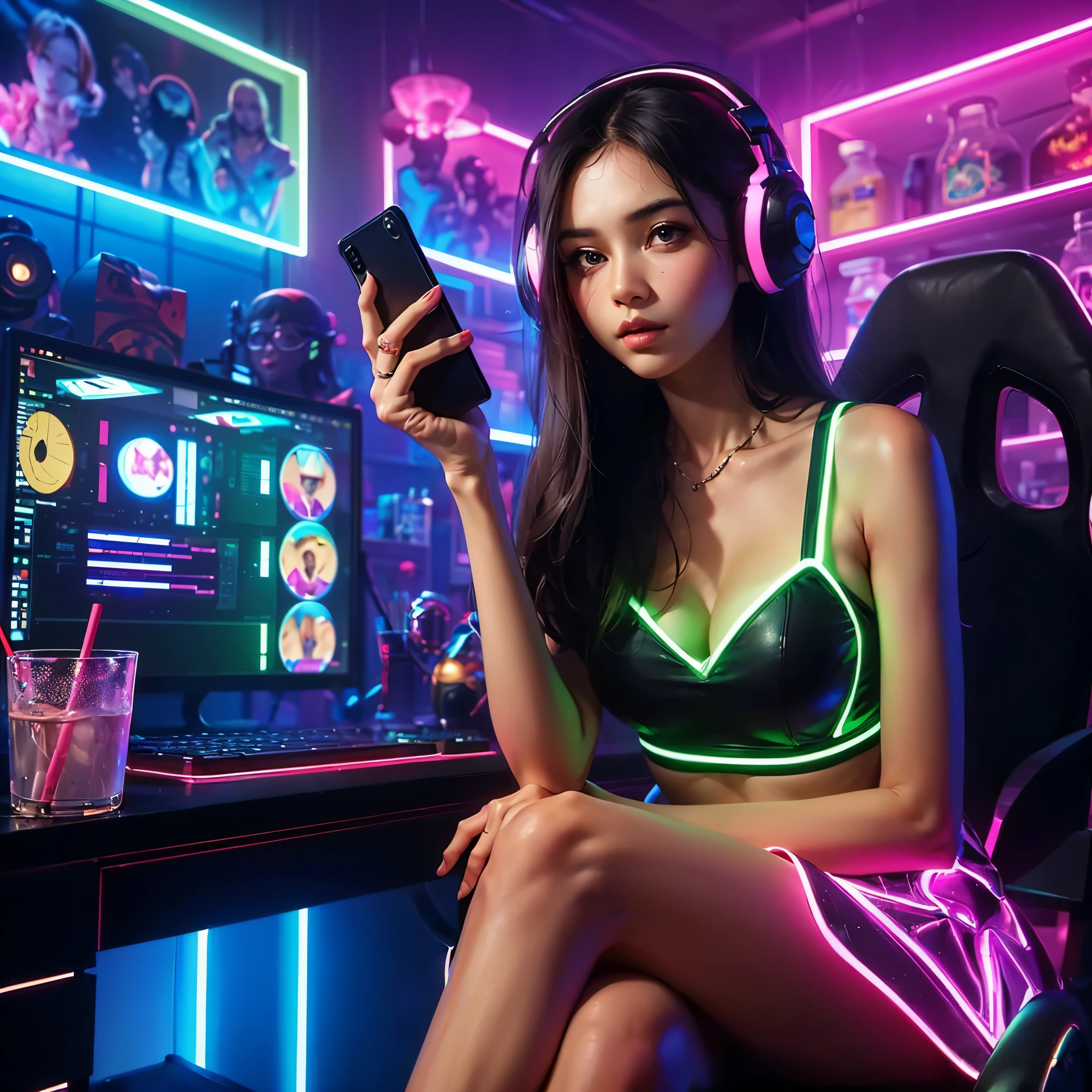 (beautifull gamer lady, large round breast, looking to the computer, wearing headphone, sit on luxury gaming chair, holding handphone, wearing dress, mini sport neon bra and neon mini skirt, expensive gaming room, full of gaming tools, from front view, neon flex on the wall, lamp off, expensive gaming pc on gaming desk,(show cleaveage), beautifull face, beautifull eyes, beautifull nose, sexy lips, raytracing, nsfw, beautifull fingers, beautifull hands, sexy belly, sexy body, sexy shoulders, sexy legs, sexy hips, (luxury bracelet), (luxury ring), (luxury necklace), white skin, (4 fingers in 1 hand), full body picture, pretty makeup, good lighting, realistic shadow, professional photography, blue color scheme, 2k resolution, perfect anatomy, make the atmosphere in room looks intense, make the room looks very expensive,masterpiece, best quality:1.2),,(8k,highres,RAW photo,realistic,photo-realistic:1.3),(detailed skin texture,detailed cloth texture,beautiful detailed face:1.25),professional lighting,photon mapping,beautiful soft light,radiosity,physically-based rendering,raytracing, model shoot style, model shoot style, (extremely detailed CG unity 8k wallpaper), full shot body photo of the most beautiful artwork in the world,
