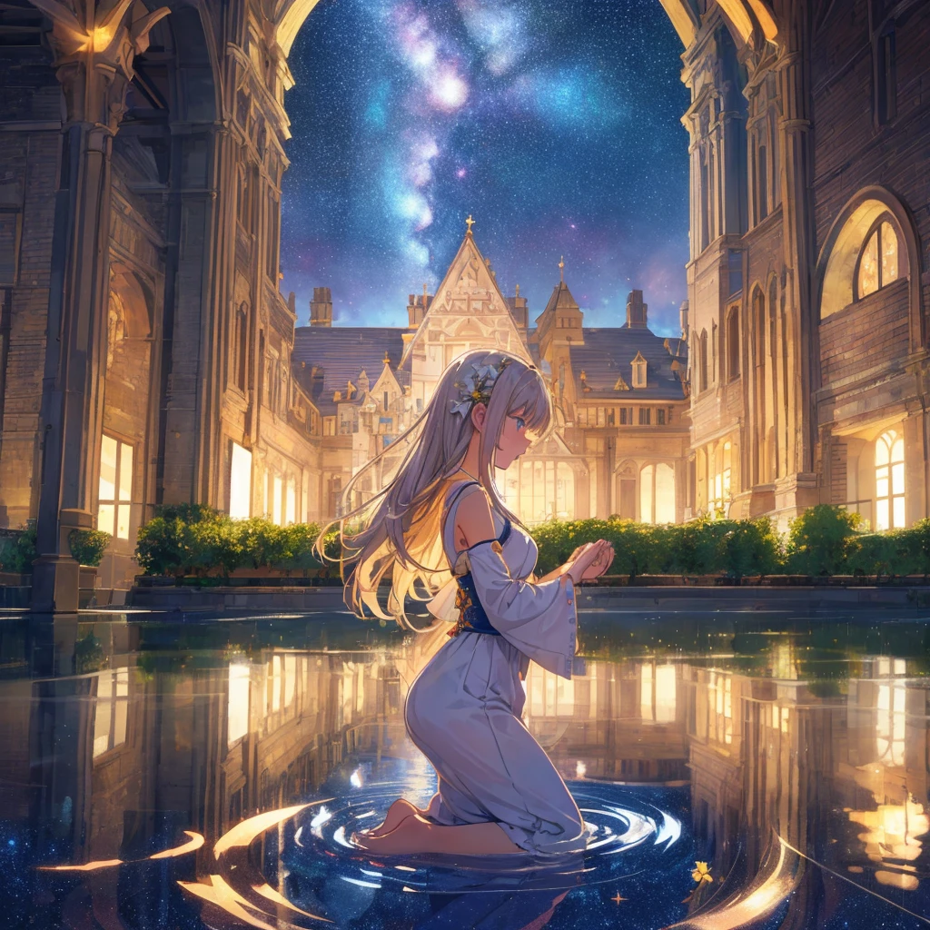 (girl:1.3), 1girl, (praying pose), (hands folded), taken from the side, (((masterpiece, top quality))), (((top quality))), (((super detailed))), (very delicate and beautiful)), light like a movie, (((water pooling in old building, reflecting starry sky))), Milky Way, (fantastic)) Drooping ivy, summer, moon.