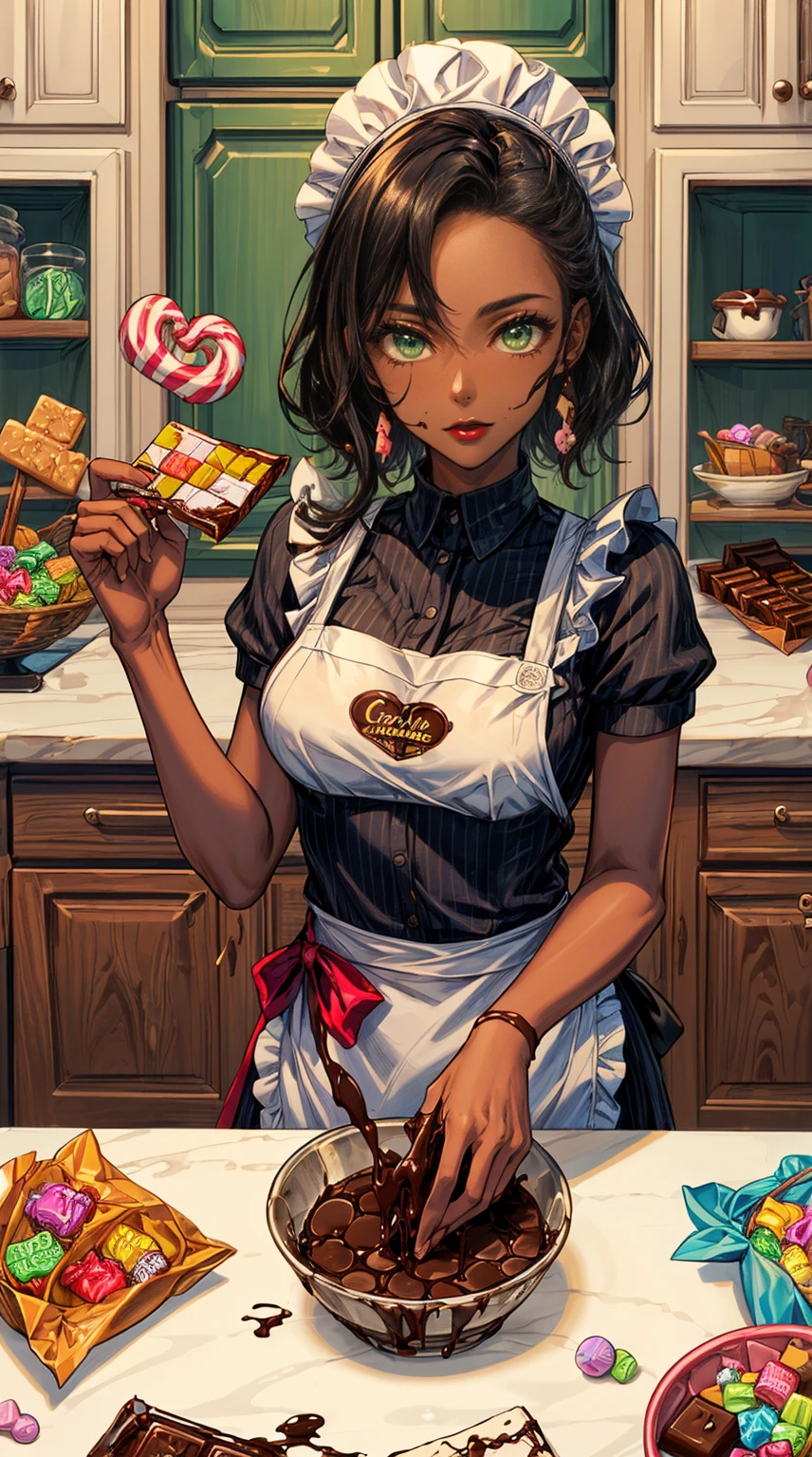 (((masterpiece, high quality, disorganized), 1 female, black hair,  green eyes, perfect face, perfect body, big breasts, sports organizations, low length, (((very dark skin))), solo, detailed eyes and face, compensate, red lips, apron, cook costume, Pour chocolate and candies into ramekins, chocolate bar & candy , kitchen, table, flat, chocolate bars and candies on the table