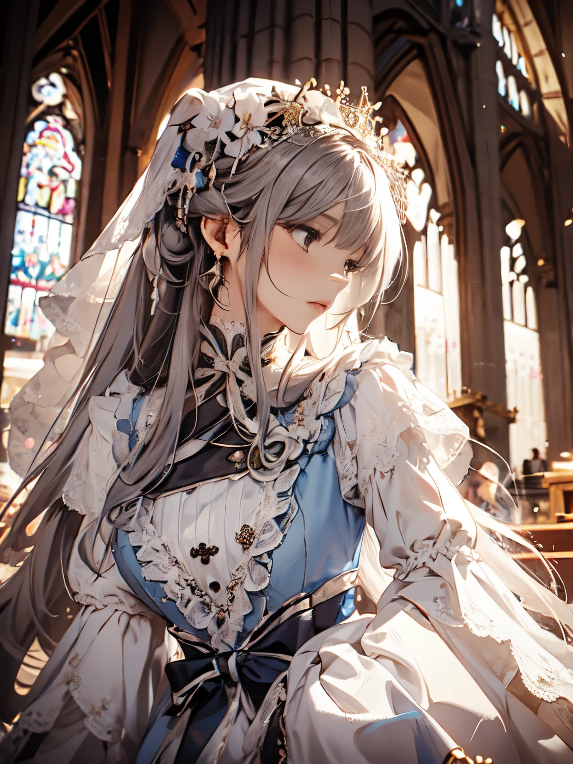 In front of the altar of a majestic church、（blurred background）、brighter light、golden long hair girl、Classic White Wedding Dresses、（elegant luster）、（Lots of races）、lots of ribbons、((voluminous puff sleeves))、long cuffs with many buttons、golden embroidery、long train、white embroidered gloves、five fingers、laughter、Redness of the cheeks