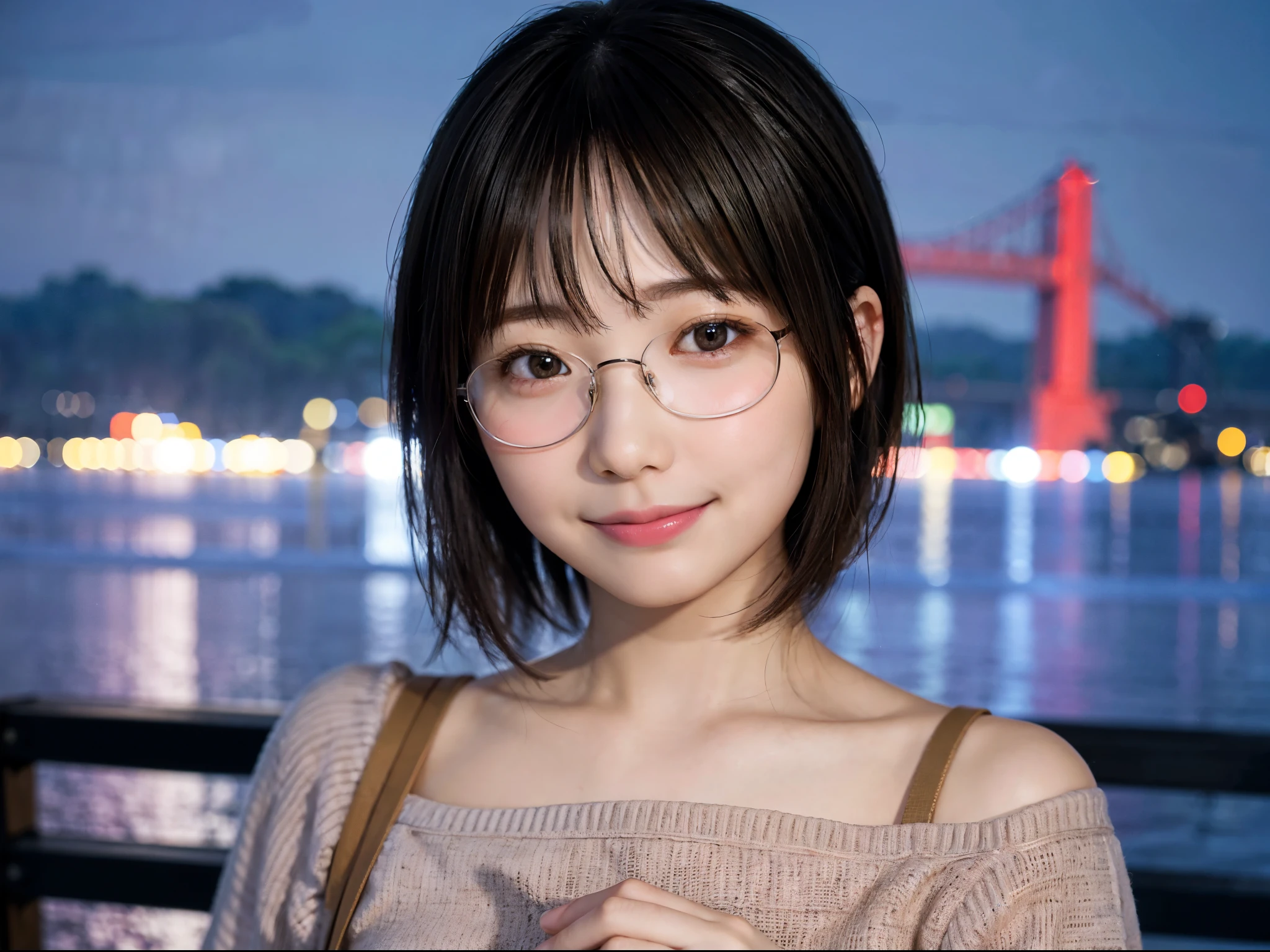 日本女孩穿著休閒服、注意你的聽眾、東京城市夜景、(最好的品質、大師傑作)))、高畫質精品、非常詳細、大師傑作、電影燈光、(8K、最好的品質、大師傑作:1.2)、(實際的、照片真實感:1.37) 高解析度、超詳細、戴眼鏡的女人、沉默的樣子、圓眼鏡、亞洲人, 可愛的, 可愛的顔, 獨自的, 短髮 1.2, 粗糙的皮膚, 美麗的笑容, 美麗細緻的夜空, 夜景, 電影燈光, 所寫界限的深度, 鏡頭光暈光、約會、(臉紅鼻子)、、(閉上你的嘴)小乳房、美麗的眼睛注重細節、(毛衣:1.1)、(短髮:1.2)、飄逸的頭髮Nova青蛙造型、