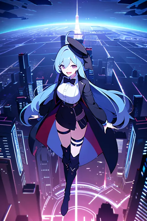 1girl, blue_hair,boots,breasts,full_body,knee_boots,long_hair,long_sleeves,looking_at_viewer,open_mouth,red_eyes,smile,solo,thigh_strap,white shirt, suspender skirt, bow tie, coat, black coat, turquoise hair, thigh belt, skirt that goes up below the chest,...