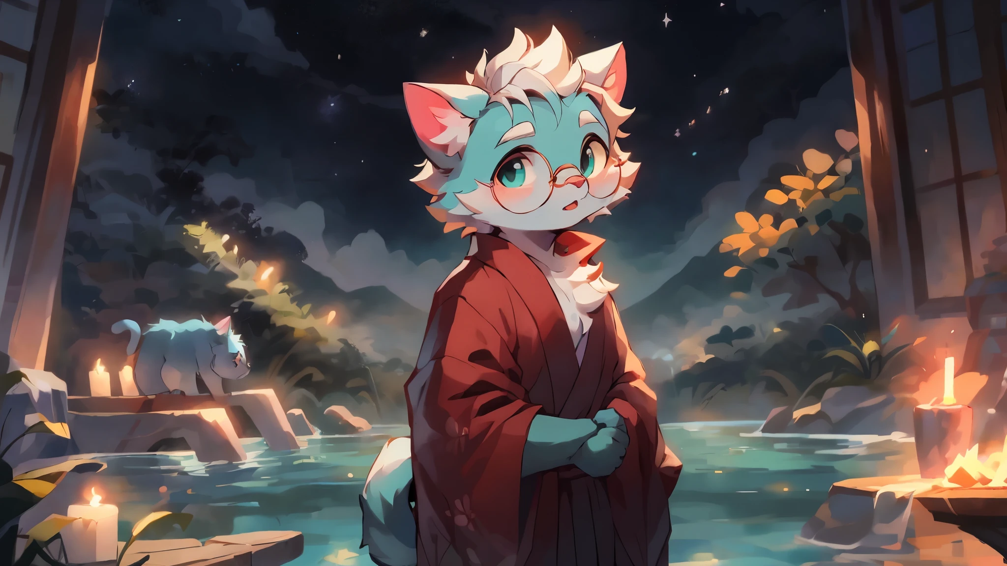 a portrait of a old, fully grown mature and aged  male cat with big round circle glasses and a red scarf, The cat is very tall. bushy tail, and perked-up fluffy big ears, one ear is lowered. He is fully clothed, he wears a fluffy warm and cozy kimono, a handsome cat fursona with teal fur color, the chest has white fur, white fur around his mouth and cheeks, medium-length white hair, fluffy black cat ears, and a fluffy white neck.  He is standinf on water, He is looking up at the colorful starry sky, and in the background  an incredibly detailed background, detailed eyes
