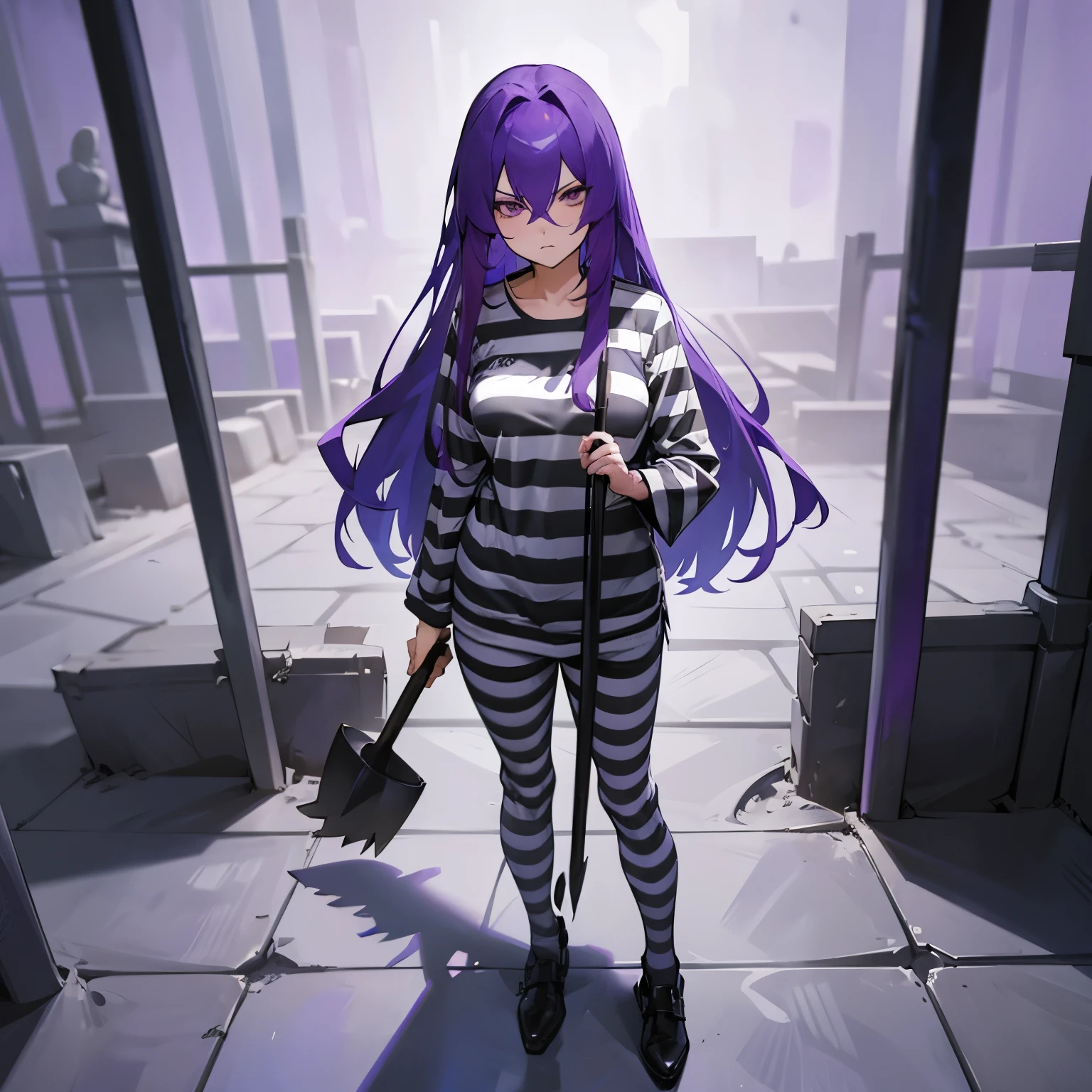 woman with long purple hair, stern look, striped prison clothes, long sleeve shirt, round neckline, holding shovel and digging a hole, wide shot, full body, prison yard, manhwa style