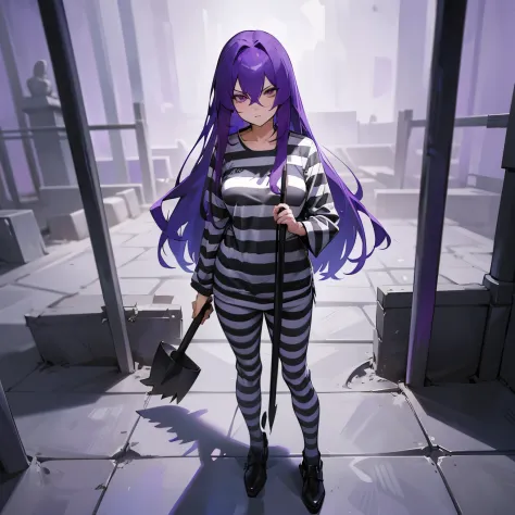 woman with long purple hair, stern look, striped prison clothes, long sleeve shirt, round neckline, holding shovel and digging a...
