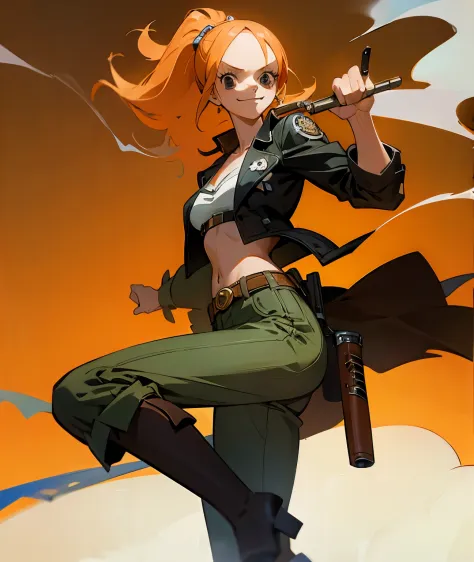Western Boots,girl,Smoking cigarettes,hold a gun,ONE PIECE,battle pose,Triumphant smile
