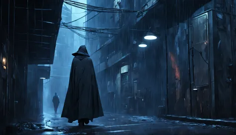 a mysterious old man wearing a dark cloak is walking down a very dark abandoned futuristic alleyway, rainy night