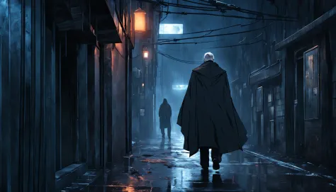A mysterious old man wearing a dark cloak is walking down a very dark abandoned futuristic alleyway, rainy night
