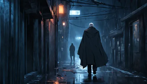 a mysterious old man wearing a dark cloak is walking down a very dark abandoned futuristic alleyway, rainy night