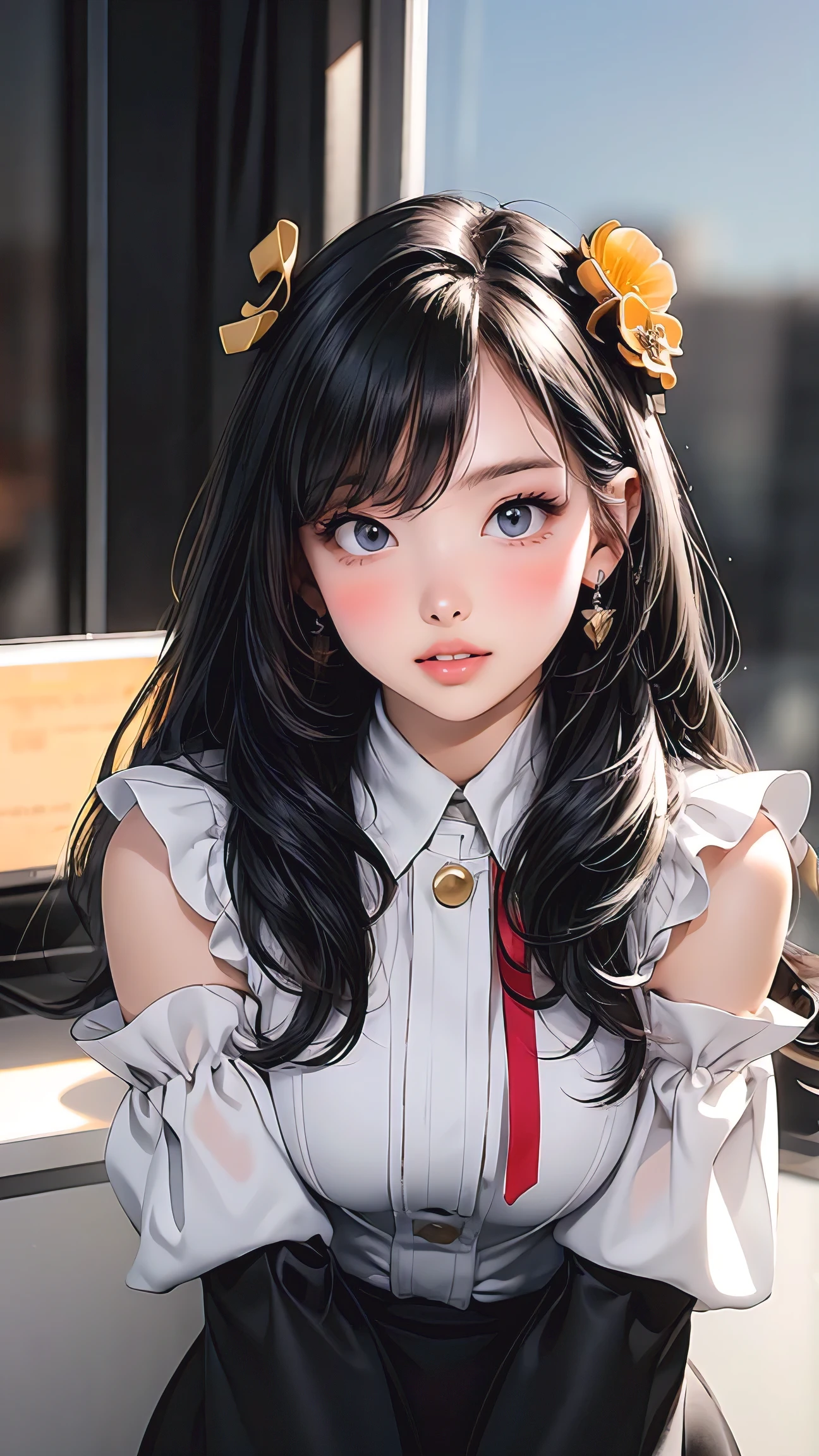 best quality, (photorealistic:1.2), masterpiece, best quality, solo, woman, perfect slim fit body, thick thighs, large breasts, detailed face, face focus, standing, black hair,(hair ornament:1.35),office lady, ribbon-trimmed sleeves, detached sleeves, ribbon trim, wide sleeves, (looking at viewer:1.5) long hair, black eyes, bangs, lips,