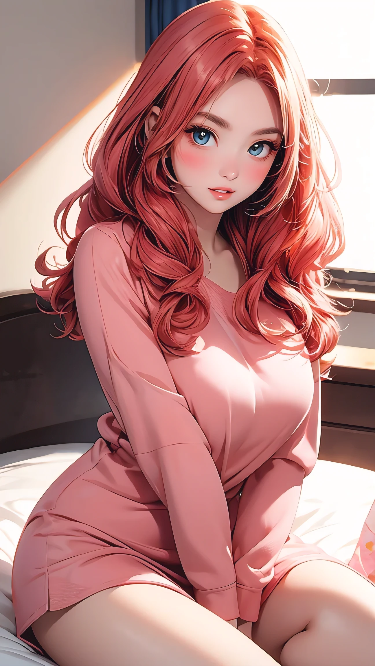masterpiece, best quality, solo, woman, perfect slim fit body, thick thighs, large breasts, sitting pose, on bed, pink floral pajamas, wavy red hair, attractive feature, elaborate details, chic, ambient light