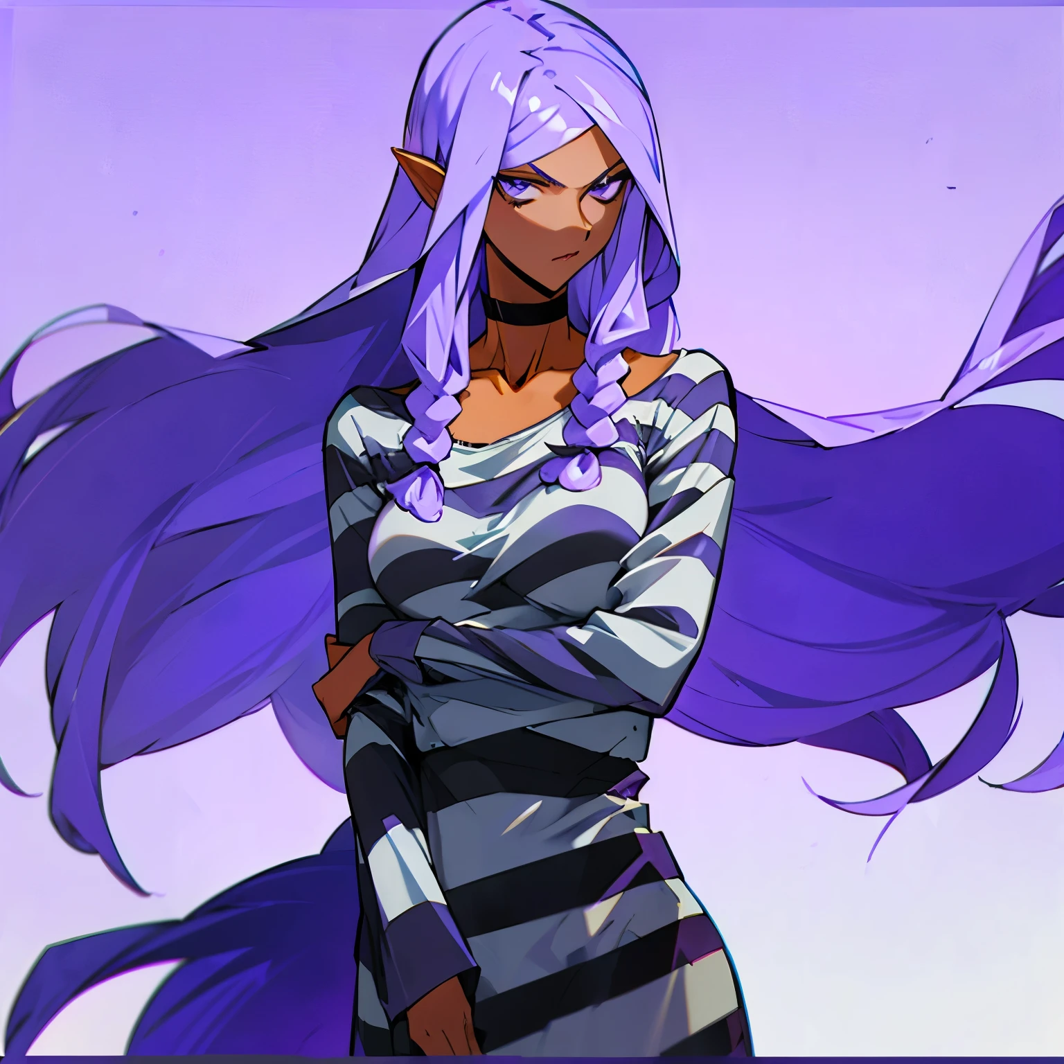 woman with long purple hair, stern look, striped prison clothes, long sleeve shirt, round neckline, white slippers, upper body, dirty clothes, manhwa style