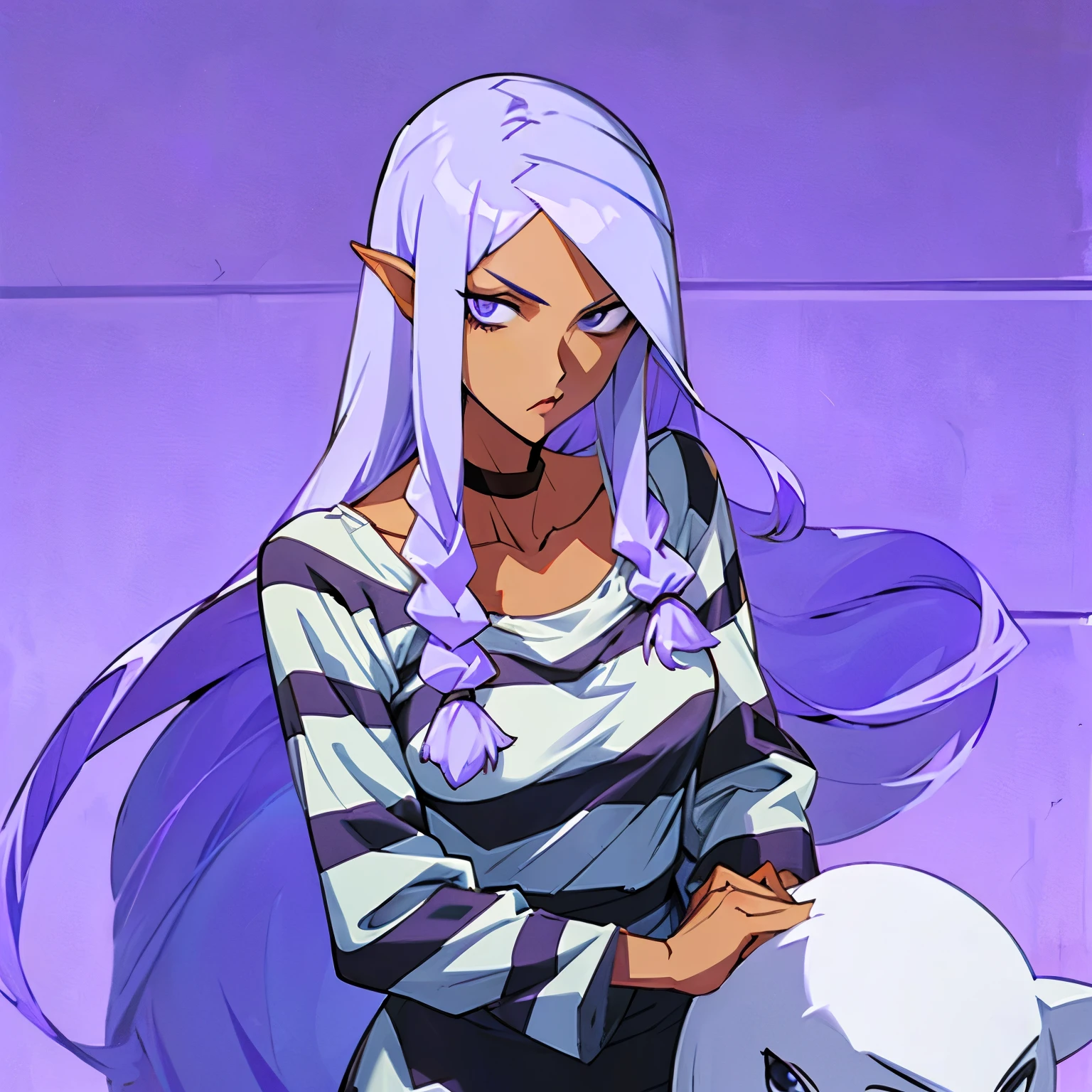 woman with long purple hair, stern look, striped prison clothes, long sleeve shirt, round neckline, white slippers, upper body, dirty clothes, manhwa style