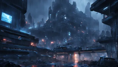 a very dark abandoned futuristic city, rainy night 
