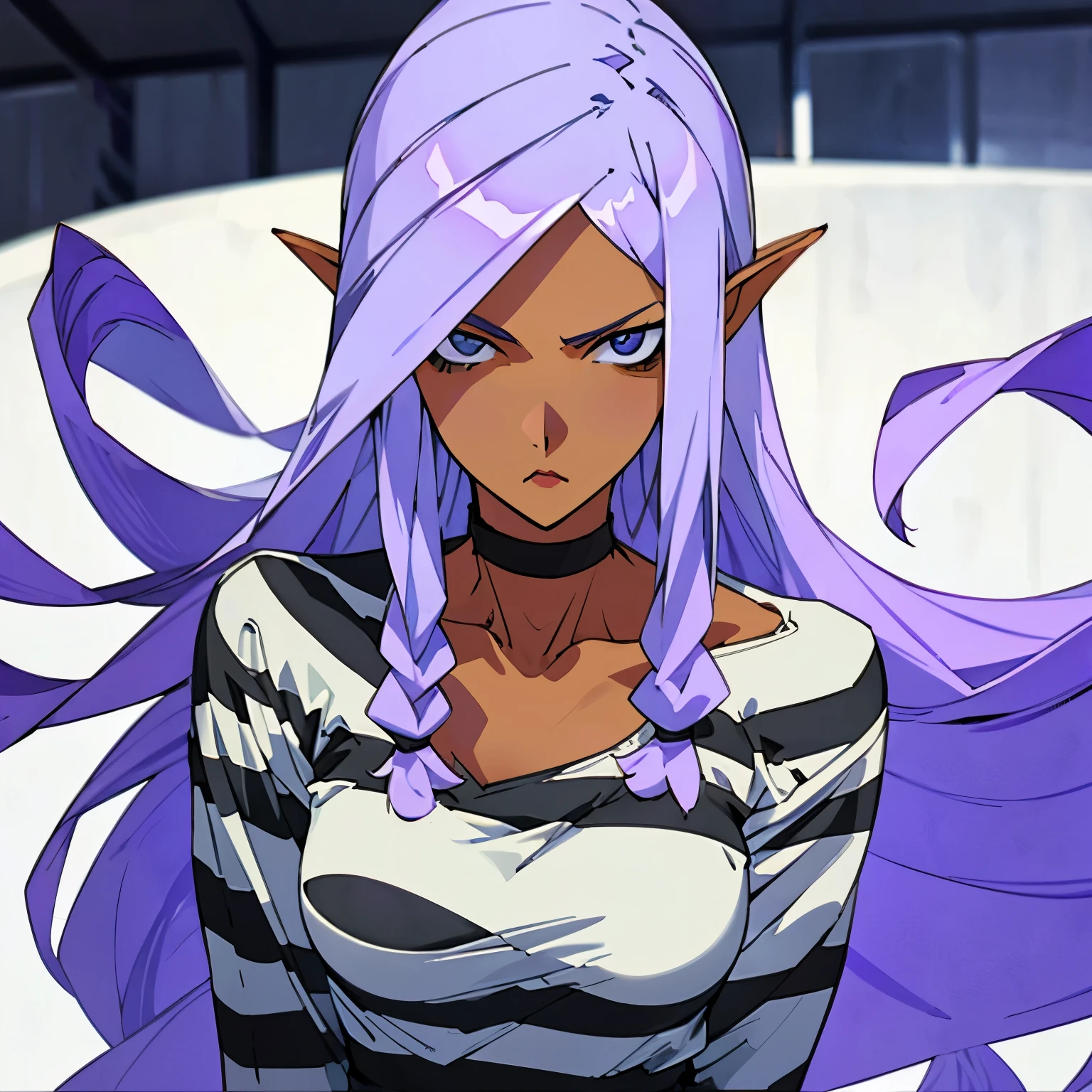 woman with long purple hair, stern look, striped prison clothes, long sleeve shirt, black and white harazontal stripes, round neckline, white slippers, upper body, dirty clothes, manhwa style
