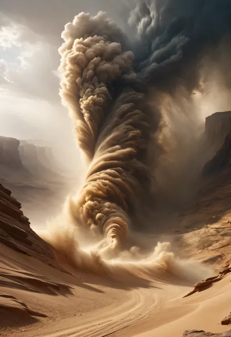 (desert canyon:1.5)，Narrow canyon in the middle of the desert,(sandstorm，tornado:1.4)，The hurricane rolled up the yellow sand an...