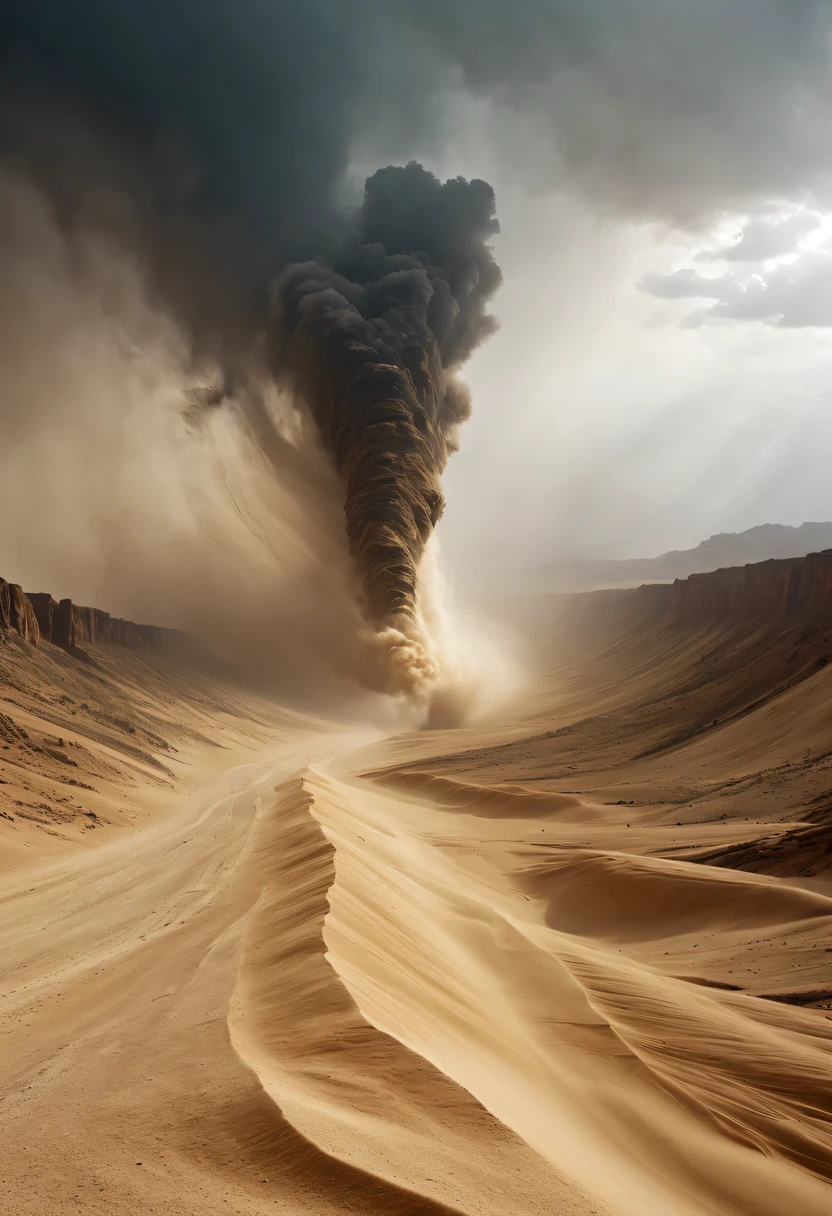 (desert canyon:1.5)，Narrow canyon in the middle of the desert,(sandstorm，tornado:1.4)，The hurricane rolled up the yellow sand and covered the sky，广阔的desert canyon,dramatic scenery,red sandstone formation,huge rock cliff,stunning landscape,deep and narrow ravine, in the style of photo realistic landscapes, Stone sculptures, cabin core, Stone, in the style of photo realistic landscapes, cabin core, tumbling wave,decorative background, photo realistic landscapes, large canvas format, 32k Ultra HD, photo, The best qualities of imaginative landscapes,4K,8k,high resolution,masterpiece:1.2),Super detailed,(actual,realistically,realistically:1.37),