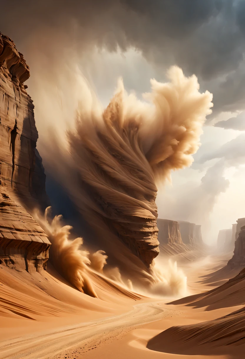 (desert canyon:1.5)，Narrow canyon in the middle of the desert,(sandstorm，tornado:1.4)，The hurricane rolled up the yellow sand and covered the sky，广阔的desert canyon,dramatic scenery,red sandstone formation,huge rock cliff,stunning landscape,deep and narrow ravine, in the style of photo realistic landscapes, Stone sculptures, cabin core, Stone, in the style of photo realistic landscapes, cabin core, tumbling wave,decorative background, photo realistic landscapes, large canvas format, 32k Ultra HD, photo, The best qualities of imaginative landscapes,4K,8k,high resolution,masterpiece:1.2),Super detailed,(actual,realistically,realistically:1.37),