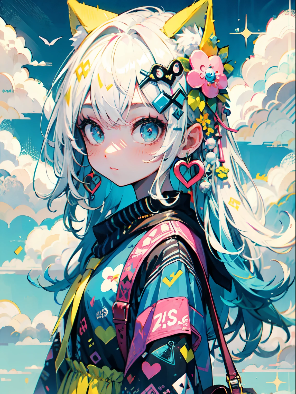 "kawaii, hermoso, Adorable chica vestida de rosa, amarillo, y esquema de color azul celeste. Lleva ropa inspirada en el cielo con nubes y motivos del cielo.... Su atuendo es esponjoso y suave, Con accesorios decorativos como pinzas para el cabello. Ella encarna un estilo de moda Harajuku vibrante y moderno."
