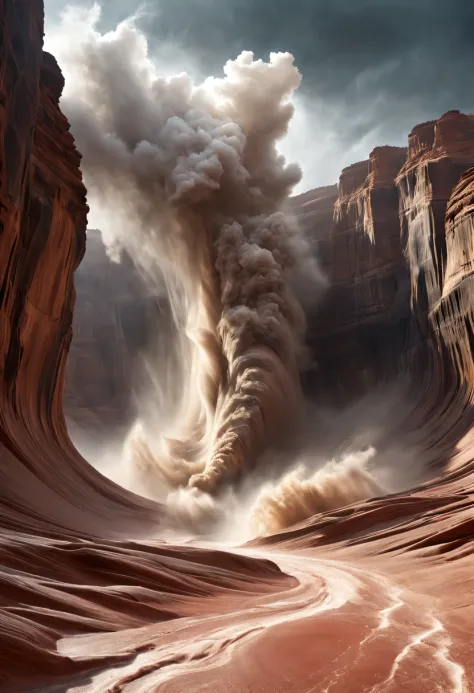 (desert canyon:1.5)，Narrow canyon in the middle of the desert,sandstorm，tornado，广阔的desert canyon,dramatic scenery,red sandstone ...