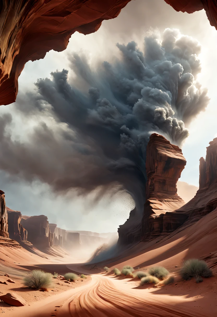 (desert canyon:1.5)，Narrow canyon in the middle of the desert,sandstorm，tornado，广阔的desert canyon,dramatic scenery,red sandstone formation,huge rock cliff,stunning landscape,deep and narrow ravine, in the style of photo realistic landscapes, Stone sculptures, cabin core, Stone, in the style of photo realistic landscapes, cabin core, tumbling wave,decorative background, photo realistic landscapes, large canvas format, 32k Ultra HD, photo, The best qualities of imaginative landscapes,4K,8k,high resolution,masterpiece:1.2),Super detailed,(actual,realistically,realistically:1.37),