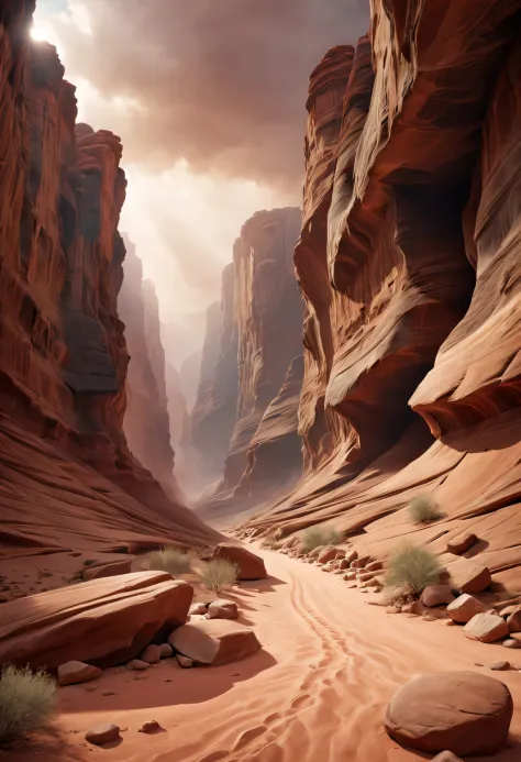 (desert canyon:1.5)，narrow canyon in the middle of the desert,sandstorm，tornado，广阔的desert canyon,dramatic scenery,red sandstone ...