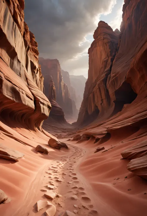 (desert canyon:1.5)，Narrow canyon in the middle of the desert,sandstorm，tornado，广阔的desert canyon,dramatic scenery,red sandstone ...