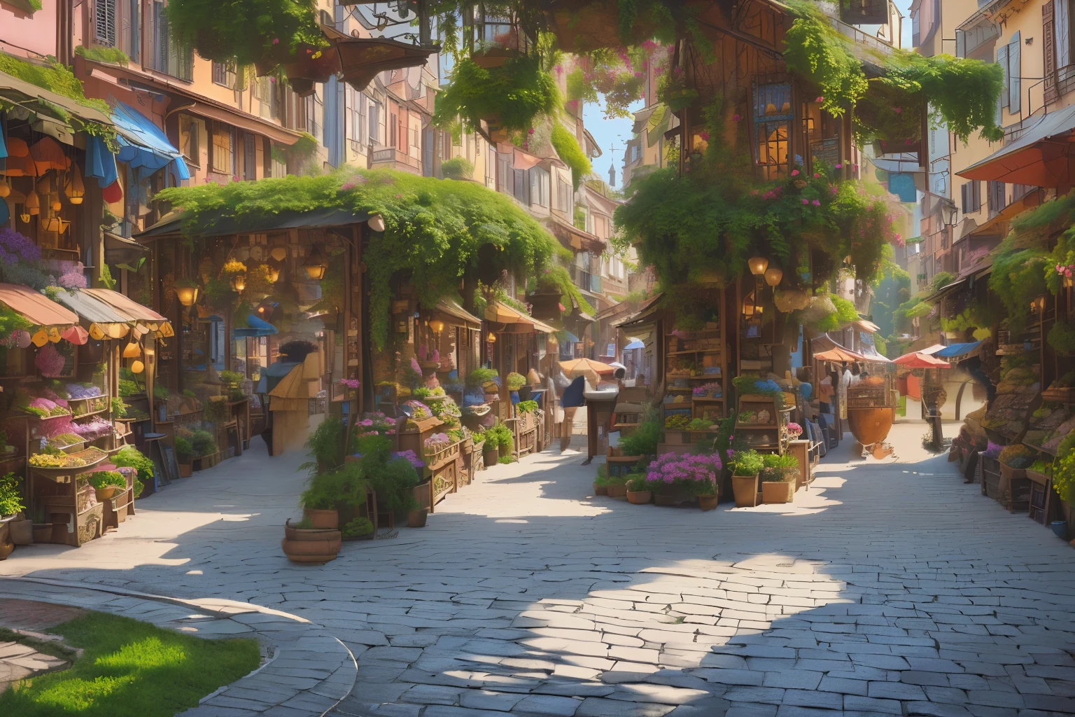 there are many plants and flowers on the street in the city, fantasy style 8 k octane render, a bustling magical town, beautiful mattepainting, highly detailed matte painting, inspired by Evgeny Lushpin, 3d rendered matte painting, photorealistic streetscape, photorealistic matte painting, medeival fantasy town, incredibly beautiful, inspired by Raphael Lacoste, quaint