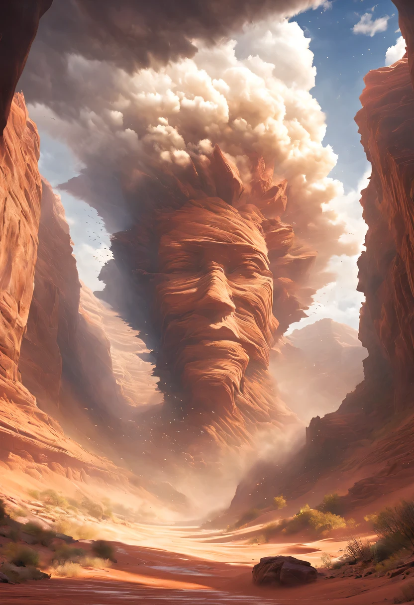 (desert canyon:1.5)，Narrow canyon in the middle of the desert,sandstorm，tornado，The hurricane rolled up the yellow sand and covered the sky，广阔的desert canyon,dramatic scenery,red sandstone formation,huge rock cliff,stunning landscape,deep and narrow ravine, in the style of photo realistic landscapes, Stone sculptures, cabin core, Stone, in the style of photo realistic landscapes, cabin core, tumbling wave,decorative background, photo realistic landscapes, large canvas format, 32k Ultra HD, photo, The best qualities of imaginative landscapes,4K,8k,high resolution,masterpiece:1.2),Super detailed,(actual,realistically,realistically:1.37),